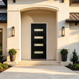 32 x 80 Modern 4-Lite Fiber Reinforced Black Front Door with Brickmould, Frosted Glass, Black Finished Knock-Down Fiberglass Door