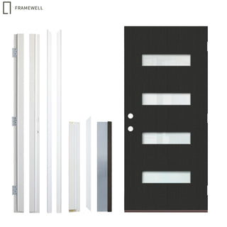 32 x 80 Modern 4-Lite Fiber Reinforced Black Front Door with Brickmould, Frosted Glass, Black Finished Knock-Down Fiberglass Door