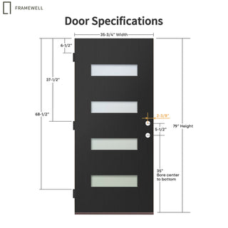 Contemporary Modern 4-Lite Fiberglass Entry Door Slab – Pre-Bored with Privacy Glass