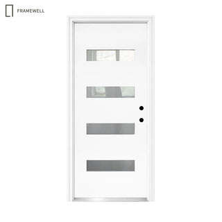36 x 80  Modern 4‑Lite Frosted Glass Fiberglass Entry Door Kit, Knock‑Down Vinyl Frame with Brickmould, Hinges, Threshold