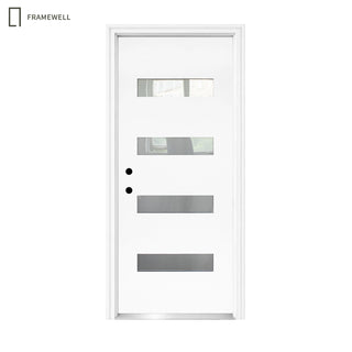 36 x 80  Modern 4‑Lite Frosted Glass Fiberglass Entry Door Kit, Knock‑Down Vinyl Frame with Brickmould, Hinges, Threshold