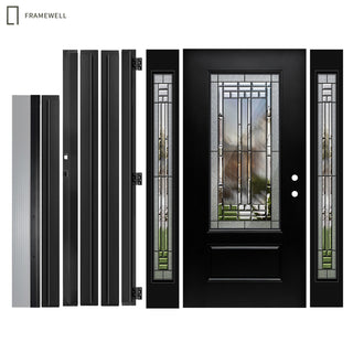 3/4-Lite Decorative Glass Entry Door Kit with Two 1-Lite Sidelites, Knock-Down Vinyl Frame, Brickmould, Hinges & Threshold