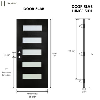 Contemporary 5-Lite Fiberglass Front Door - 36" x 80" Frosted Glass Entry Door