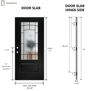 36 x 80 Smooth Fiberglass Entry Door Kit,  Knock-Down Vinyl Frame with Brickmould, Hinges, Threshold, 3/4-Lite Clouded Privacy Glass