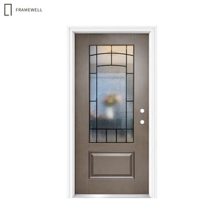 36 x 80 Smooth Fiberglass Entry Door Kit,  Knock-Down Vinyl Frame with Brickmould, Hinges, Threshold, 3/4-Lite Clouded Privacy Glass