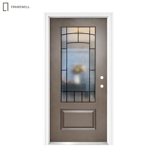 36 x 80 Smooth Fiberglass Entry Door Kit,  Knock-Down Vinyl Frame with Brickmould, Hinges, Threshold, 3/4-Lite Clouded Privacy Glass