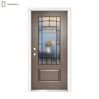 36 x 80 Smooth Fiberglass Entry Door Kit,  Knock-Down Vinyl Frame with Brickmould, Hinges, Threshold, 3/4-Lite Clouded Privacy Glass