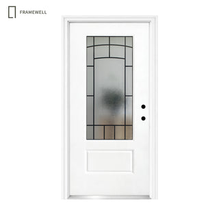 36 x 80 Smooth Fiberglass Entry Door Kit,  Knock-Down Vinyl Frame with Brickmould, Hinges, Threshold, 3/4-Lite Clouded Privacy Glass