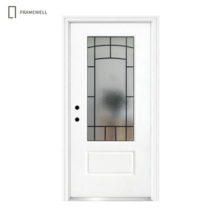 36 x 80 Smooth Fiberglass Entry Door Kit,  Knock-Down Vinyl Frame with Brickmould, Hinges, Threshold, 3/4-Lite Clouded Privacy Glass