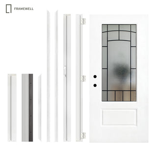36 x 80 Smooth Fiberglass Entry Door Kit,  Knock-Down Vinyl Frame with Brickmould, Hinges, Threshold, 3/4-Lite Clouded Privacy Glass
