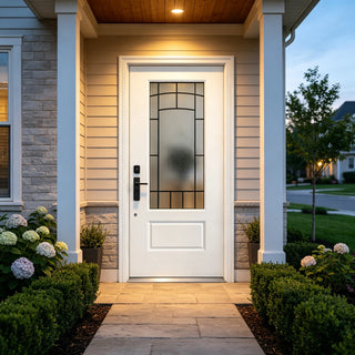 36 x 80 Smooth Fiberglass Entry Door Kit,  Knock-Down Vinyl Frame with Brickmould, Hinges, Threshold, 3/4-Lite Clouded Privacy Glass
