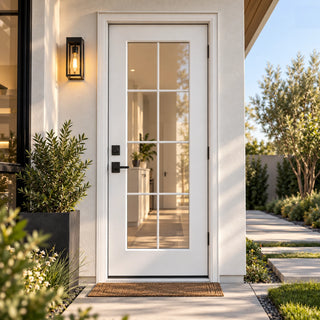 32 x 80 White Prime Front Entry Door Kit, 8-Lite Clear Glass, Knock-Down Vinyl Frame with Brickmould, Hinges & Threshold