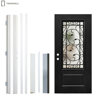 36 x 80 smooth fiberglass entrance door,with Brickmould, vinyl frame, 3/4 view Clear Glass+Cloud Glass, and Floral Wrought-Iron Design‌
