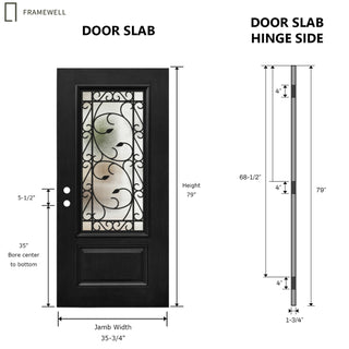 36 x 80 smooth fiberglass entrance door,with Brickmould, vinyl frame, 3/4 view Clear Glass+Cloud Glass, and Floral Wrought-Iron Design‌