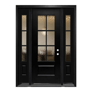 3/4 view Smooth Textured Entry Door with Hammered Glass Classical Design and equipped with Two single-panel Sidelites