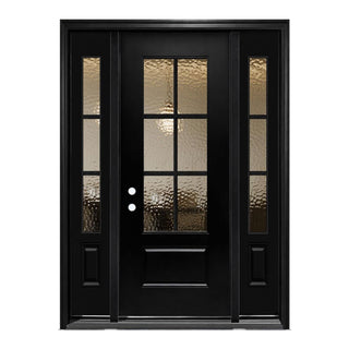 3/4 view Smooth Textured Entry Door with Hammered Glass Classical Design and equipped with Two single-panel Sidelites