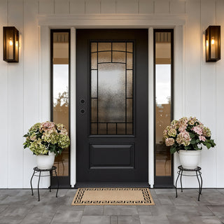 36 x 80 black smooth fiberglass entry door with 3/4 frosted glass, brickmould, and vinyl frame.