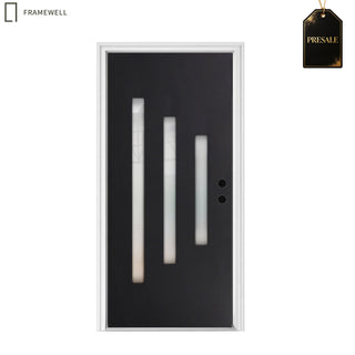 36 x 80 Smooth Texture 3-Lite fiber reinforced Entry Door, with Brickmould, vinyl frame, Low-E Clear Glass + Frosted Glass