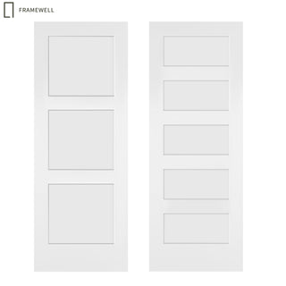 3"or 5"-Panel Shaker Style White Primed Solid Core Swing Door Slab, NOT Pre-drilled and NOT Included Hardware, Pre-Assembled Interior Door for bedrooms, pantries, bathrooms, laundry rooms, closets and wine cabinets